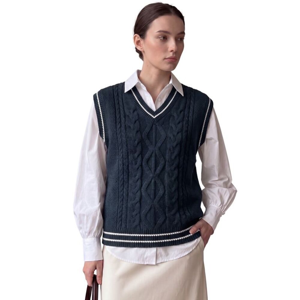 Women's V-Neck Cable Knit Vest - Sleeveless Casual Fall Winter Top Navy Blue